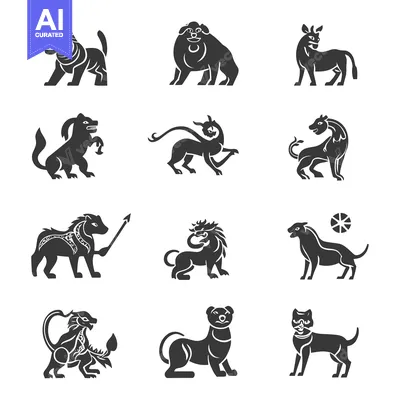 Premium design asset: Various stylized silhouette depictions of mythological creatures are p