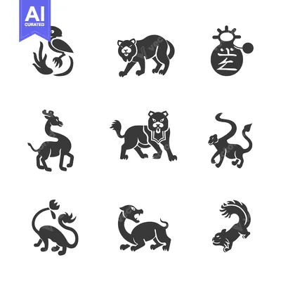 Premium design asset: Nine stylized depictions of various mythological and fantastical creat