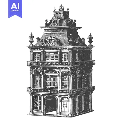 Aset desain premium: Ornate European Style Building Architectural Drawing