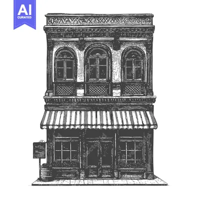 Aset desain premium: Elegant Old Building Shopfront With Awning