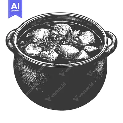 Aset premium populer: A large pot of stew with potatoes and herbs