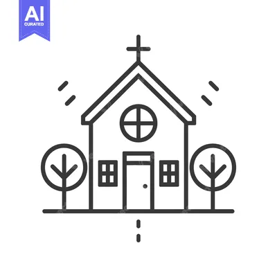 Aset desain premium: Church Building with Cross and Surrounding Trees