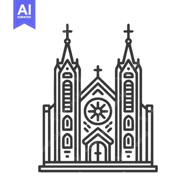 Aset desain premium: Minimalist Line Art: Gothic Church with Twin Towers and Rose Window