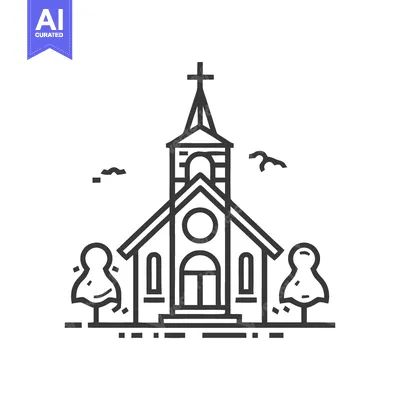Aset premium populer: Minimalist Church Icon with Cross, Trees, and Birds in Black and White