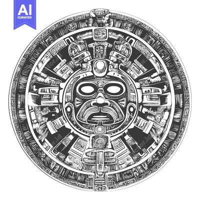 Aset premium populer: Circular Aztec Calendar with a Deity Face in the Center