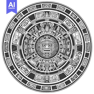 Aset desain premium: Circular Aztec Calendar with Central Deity and Glyphs