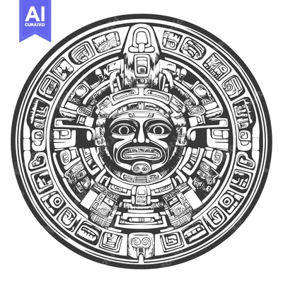 Premium design asset: Circular Aztec Calendar with Central Deity and Glyphs