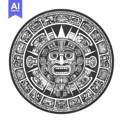 Aset desain premium: Circular Aztec Calendar with Central Deity Face