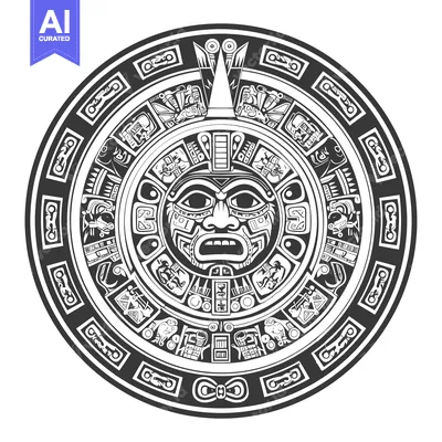 Premium design asset: Circular Aztec calendar with central deity face and surrounding glyphs