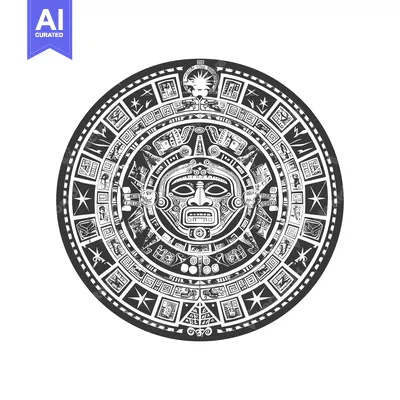 Aset premium populer: Circular Aztec Calendar with Central Mask and Symbolic Imagery
