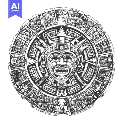 Aset premium populer: Circular Aztec Calendar with Central Sun God Mask and Glyphs