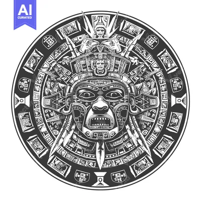 Aset desain premium: Circular Aztec Calendar with Detailed Glyphs and a Central Deity Face