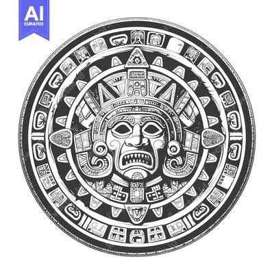 Aset desain premium: Circular Aztec Calendar with Ferocious Deity Mask and Symbolic Glyphs
