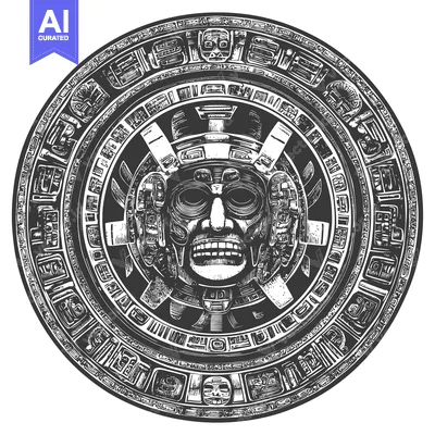 Aset desain premium: Circular Aztec Calendar with Intricate Designs and a Central Deity Fac