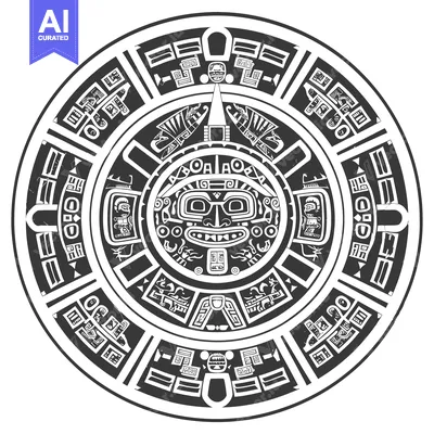 Aset desain premium: Circular Aztec Calendar with Intricate Glyphs and a Central Deity