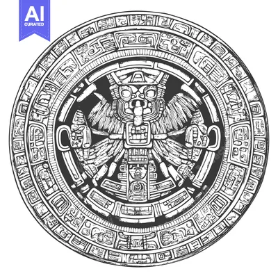 Aset desain premium: Circular Aztec Design Featuring a Central Deity with Wings