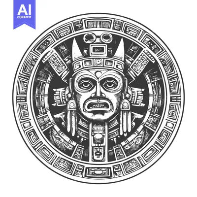 Aset premium populer: Circular Aztec Design Featuring a Deities Face