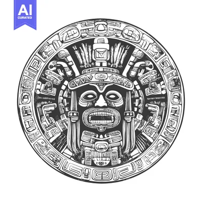 Premium design asset: Circular Aztec Design Featuring a Detailed Face with a Headdress