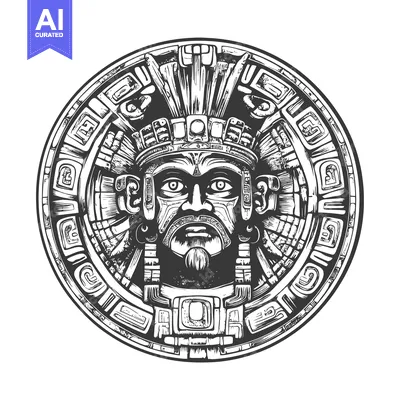 Aset desain premium: Circular Aztec Design Featuring a Face with Intricate Headwear