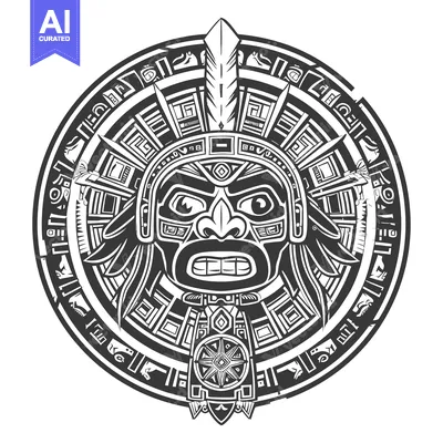 Premium design asset: Circular Aztec Design Featuring a Fierce Warrior Mask