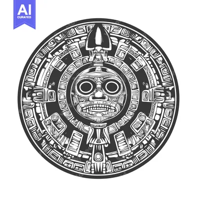 Aset desain premium: Circular Aztec Design Featuring a Glowing Skull Face