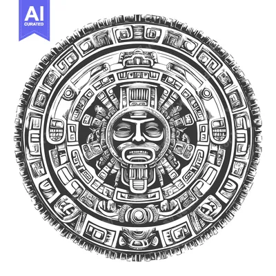 Premium design asset: Circular Aztec Design with a Central Deified Face