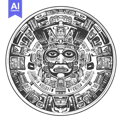 Aset desain premium: Circular Aztec Design with a Central Deity Face