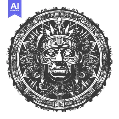 Aset premium populer: Circular Aztec Design with a Central Face and Geometric Patterns