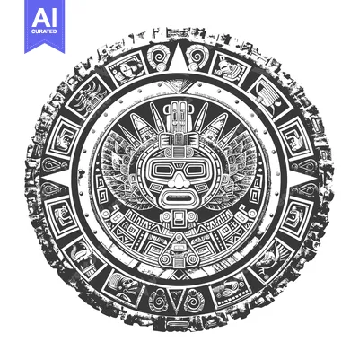Aset desain premium: Circular Aztec Design with a Central Mask and Intricate Patterns