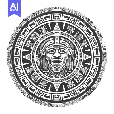 Aset desain premium: Circular Aztec Design with a Fearsome Face in the Center