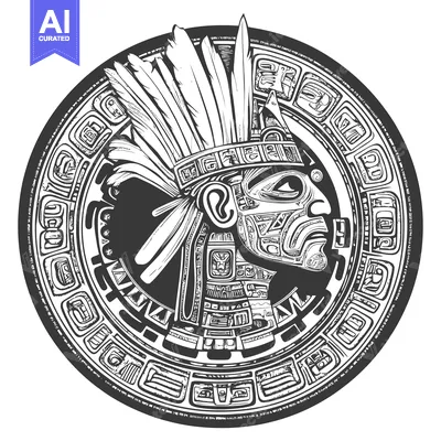 Premium design asset: Circular Aztec Design with a Feathered Headdress and Intricate Pattern