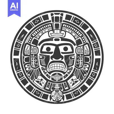 Aset desain premium: Circular Aztec Design with a Ferocious Face and Intricate Geometric Pa