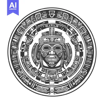 Aset desain premium: Circular Aztec Design with a Ferocious Face in the Center