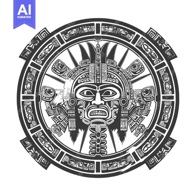 Aset desain premium: Circular Aztec Design with a Ferocious Mask and Hieroglyphs