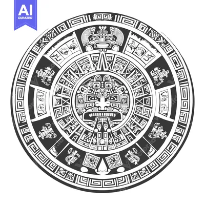 Aset desain premium: Circular Aztec Design with Central Deity and Surrounding Animal and Ge