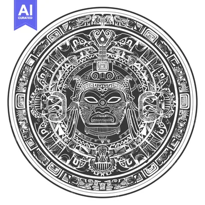 Aset desain premium: Circular Aztec Design with Central Deity Face and Intricate Borders