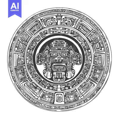 Premium design asset: Circular Aztec Design with Central Deity Face and Intricate Geometric