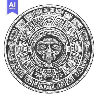 Aset premium populer: Circular Aztec Design with Central Face and Geometric Patterns