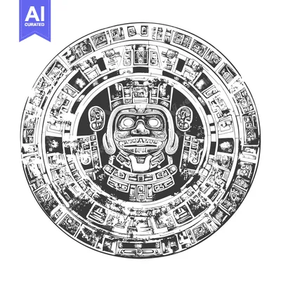 Aset premium populer: Circular Aztec Design with Central Face and Geometric Patterns