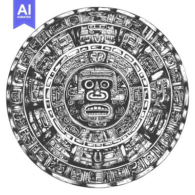 Aset desain premium: Circular Aztec Design with Central Face and Glyphs