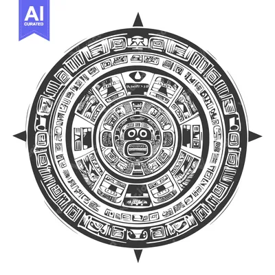 Aset premium populer: Circular Aztec Design with Central Face and Symbolic Motifs