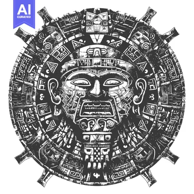 Aset desain premium: Circular Aztec Design with Central Face Mask