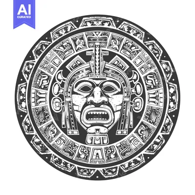 Premium design asset: Circular Aztec Design with Central Mask and Detailed Border