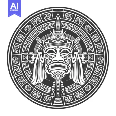 Aset desain premium: Circular Aztec Design with Central Mask and Geometric Patterns