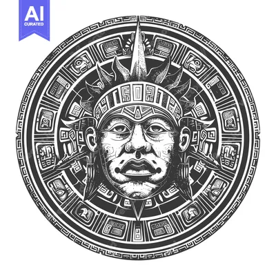 Premium design asset: Circular Aztec Design with Face and Geometric Patterns