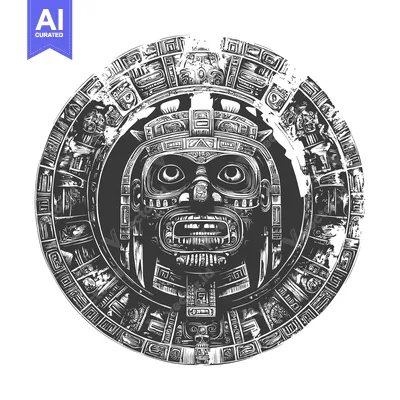 Aset desain premium: Circular Aztec Design with Intricate Mask and Glyphs