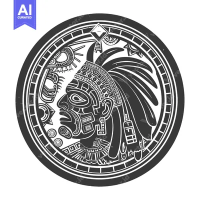 Aset desain premium: Circular Aztec Design with Profile Portrait of a Warrior