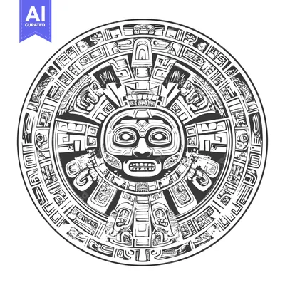 Aset desain premium: Circular Aztec-Inspired Design Featuring a Detailed Face in the Center
