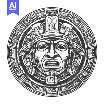 Aset premium populer: Circular Aztec Mask with Intricate Design and Animals