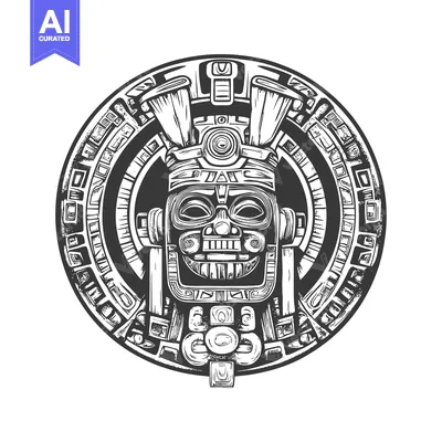 Aset premium populer: Circular Aztec Mask with Intricate Designs and Symbolism
